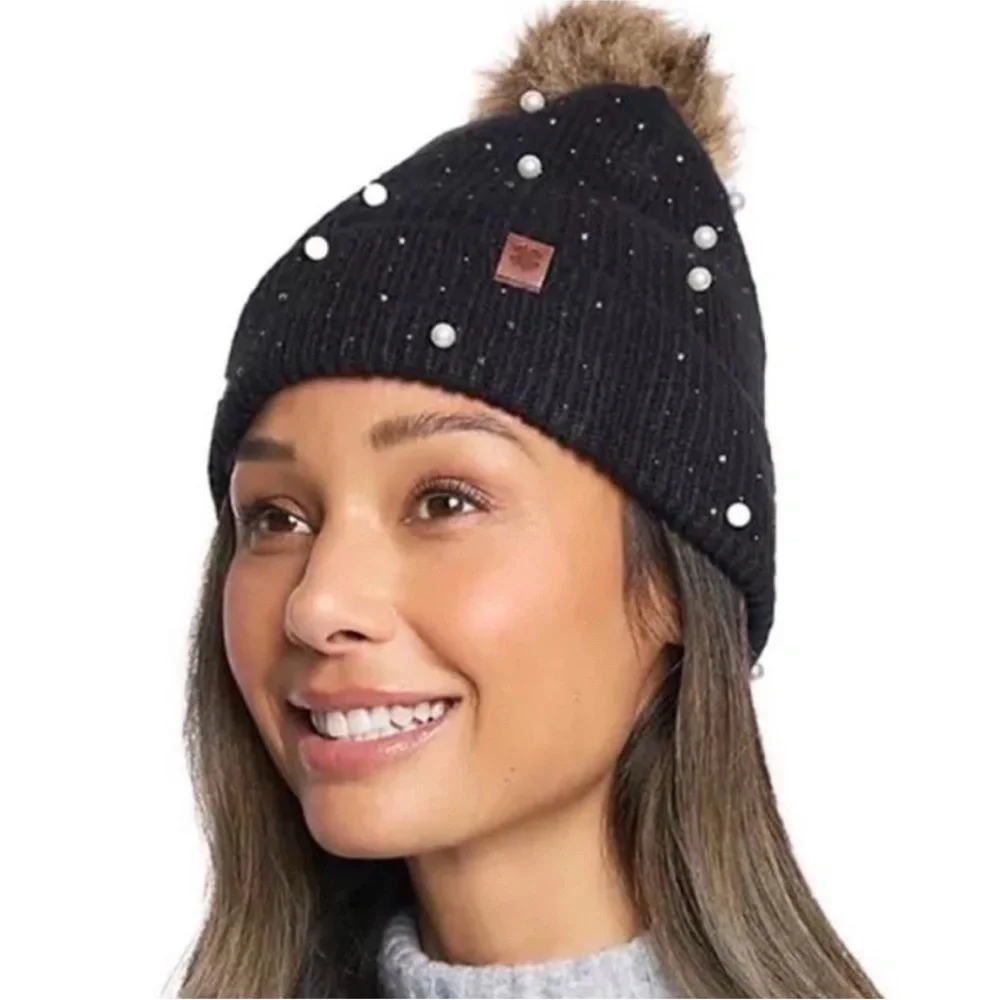 NEW Lucky Brand SET Black Scarf + Beanie Hat Tan Pom Pearls Sparkles Cozy Gift
